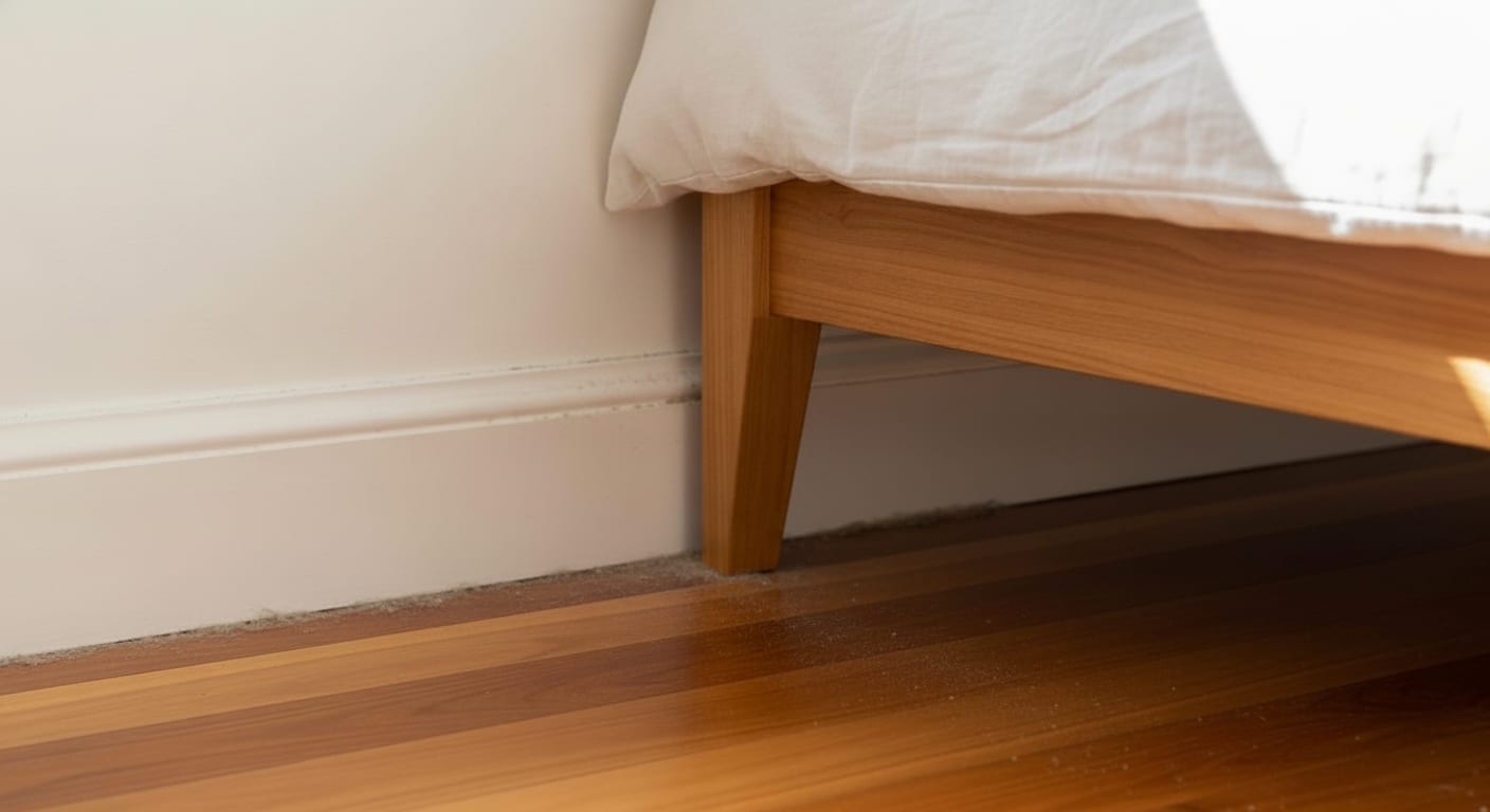 Dust and lint built up along an under-bed skirting board before a detailed clean